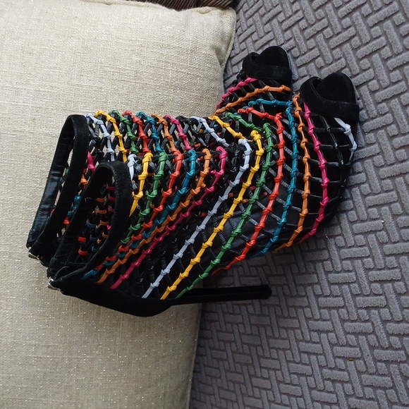 GUCCI caged PRIDE woven leather booties peeptoe heels 37 7 Rainbow - Picture 4 of 17